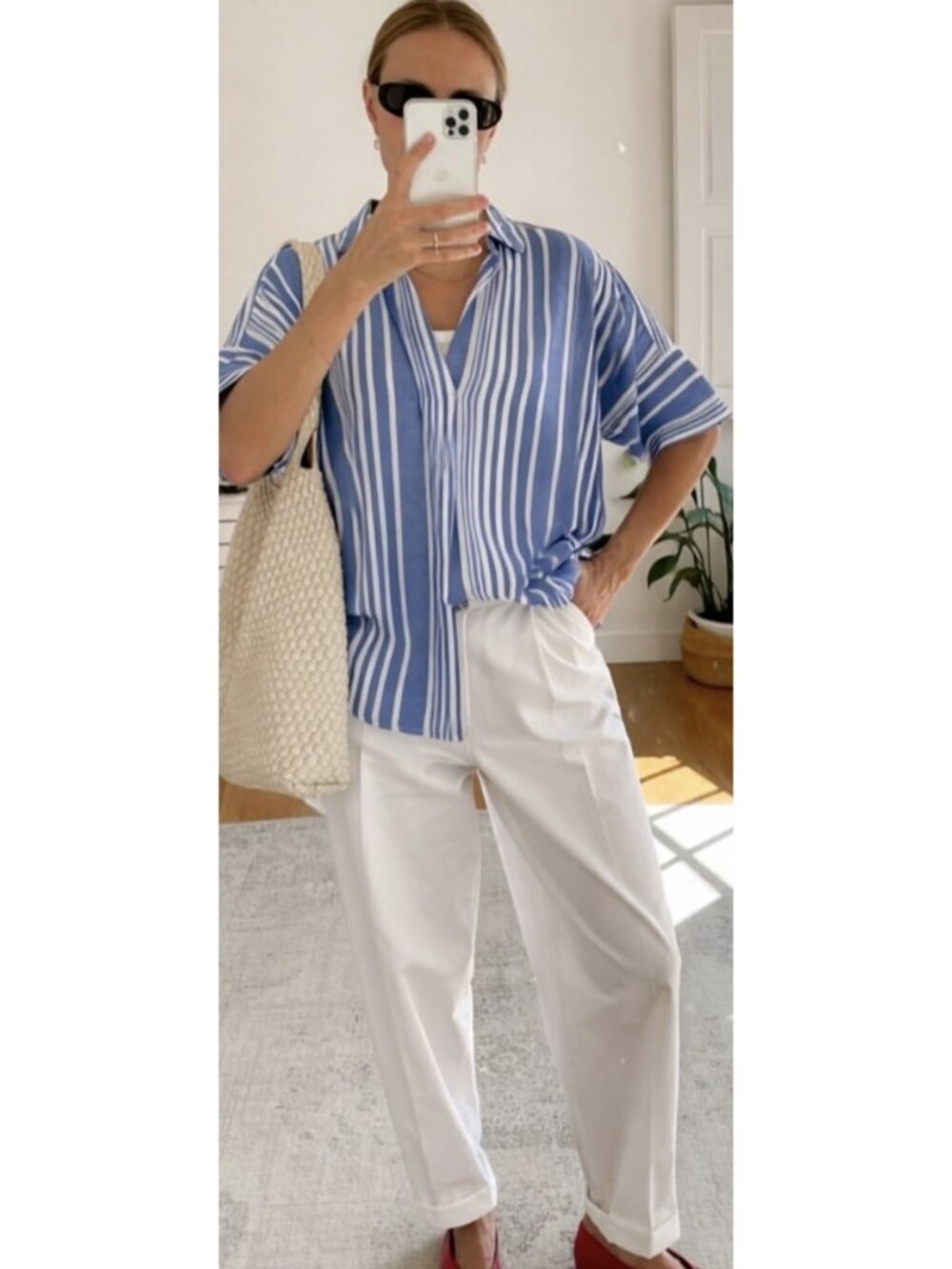 Madewell Linen Cotton Boxy Popover Shirt Blue White Stripe S Short Sleeve